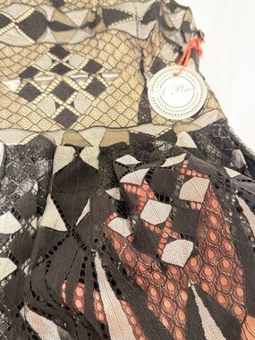 A. Peony Black and Beige Lace-Overlay Blouse